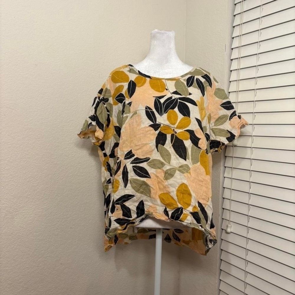 100% Linen Short Sleeve Top Floral Leaf Lemon Retro Botanical‎ Rachel Zoe 1X